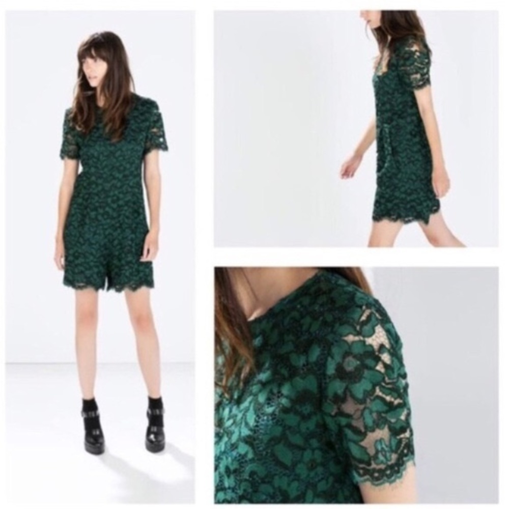 Zara Womens Short Sleeve Floral Lace Romper Emerald Green
